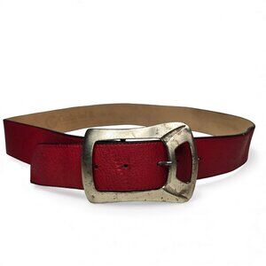 Gabriel B. Red Pebble Leather Belt Distressed Chunky Metal Buckle L 36